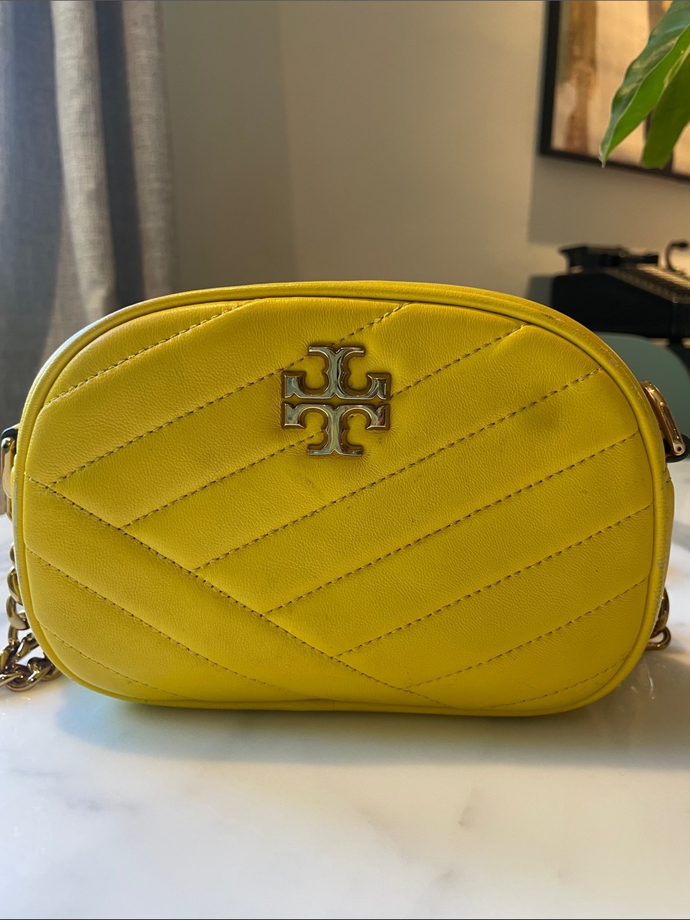 Tory Burch Lemon Yellow Quilted Crossbody with Logo